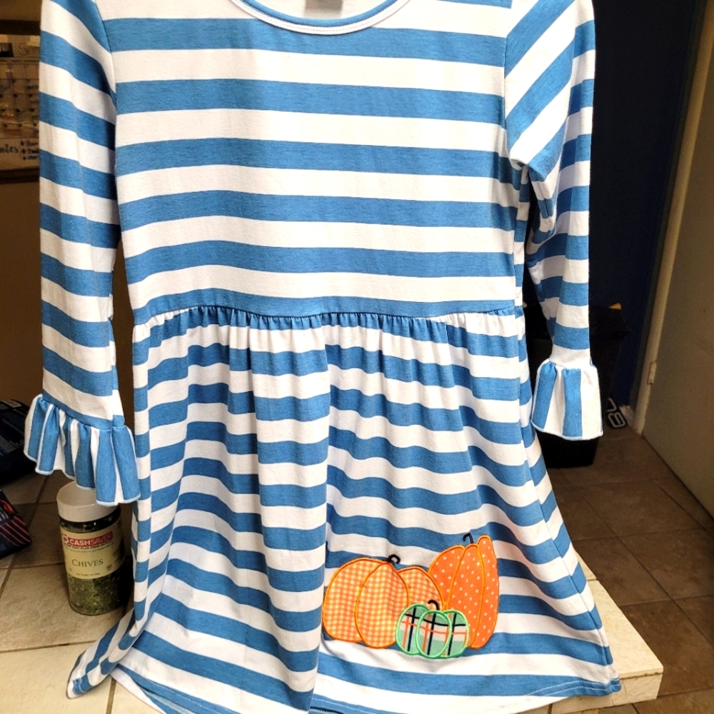 Fall Pumpkin Teal Striped Boutique Dress - Size 10